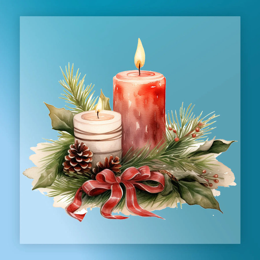 Bring festive cheer with the InkMerge Christmas Candle Watercolor Design - Heat Press Ready, featuring red and white candles, pine branches, holly leaves, pine cones, berries, and a red ribbon on blue—ideal for custom apparel transfers.