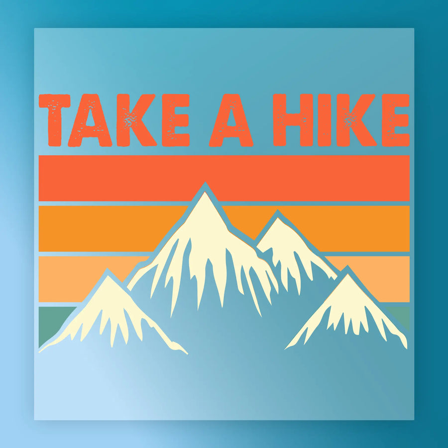 Minimalist Mountain Art - Heat Press Ready by InkMerge features three snow-capped mountains with orange and yellow stripes and “TAKE A HIKE” in bold red, ideal for custom apparel or DTF transfers.