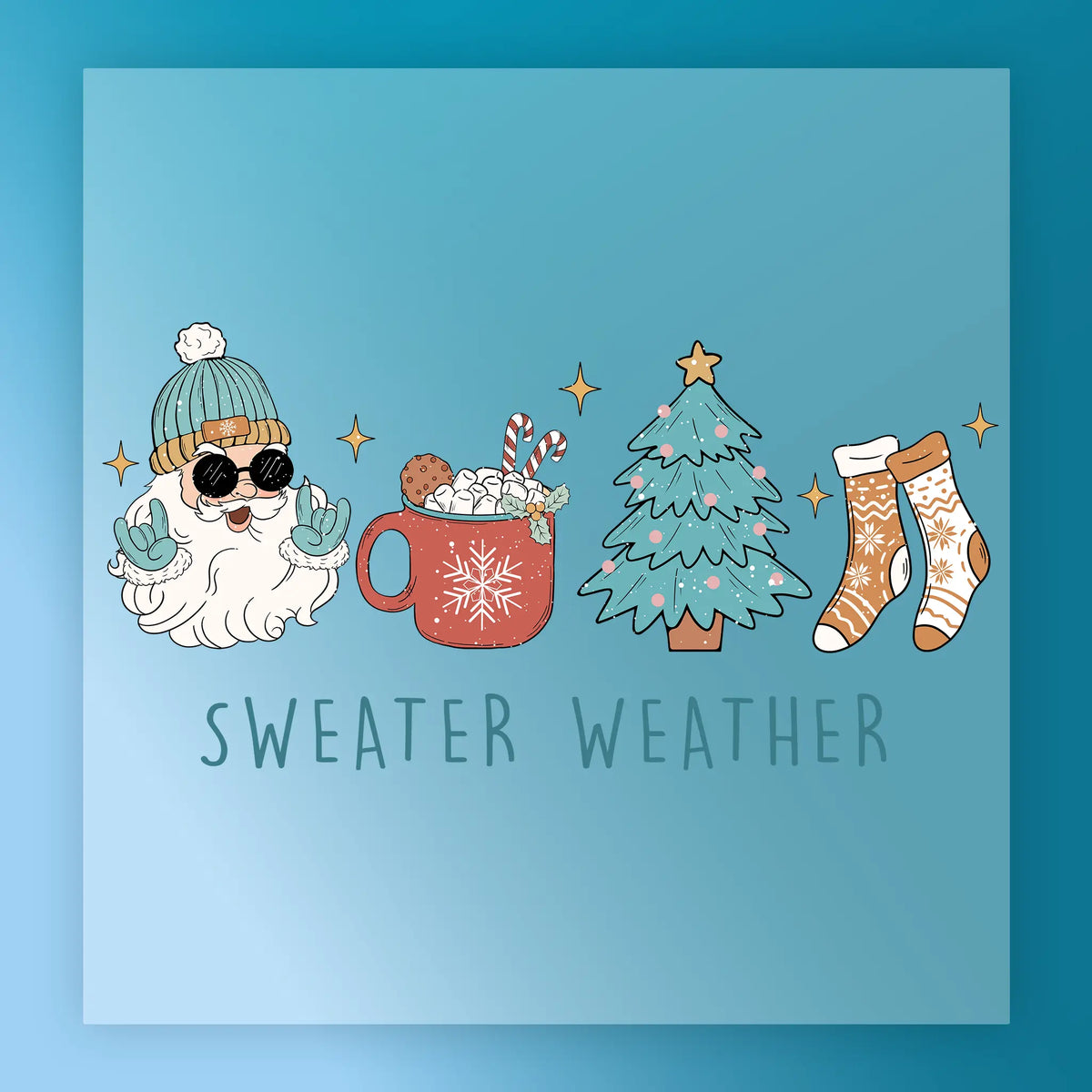 InkMerge's Sweater Weather Festive Design features Santa in sunglasses and beanie, hot cocoa, a festive tree, and cozy socks with "Sweater Weather" text on blue—ideal for DTF transfer or heat press projects.