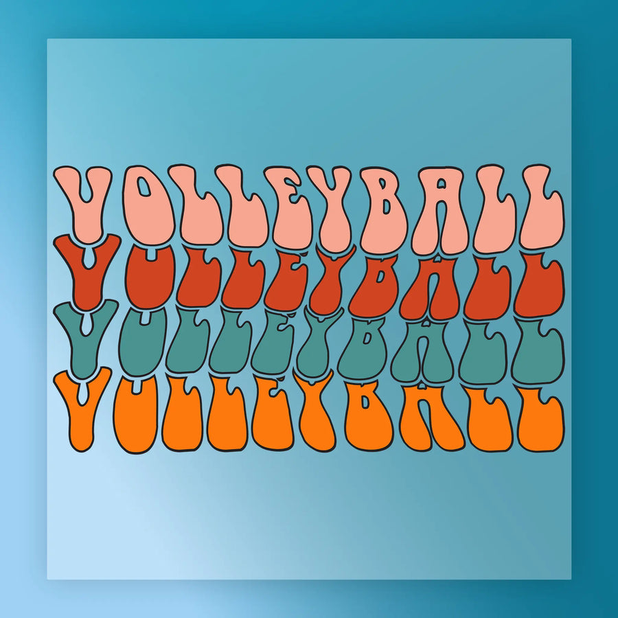the word "Volleyball" repeated in a colorful, stylized font across a blue background.