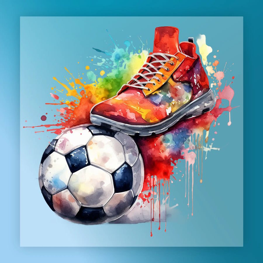 A vibrant, colorful illustration depicting a soccer ball and a red and orange shoe, with splashes of color and paint surrounding them.