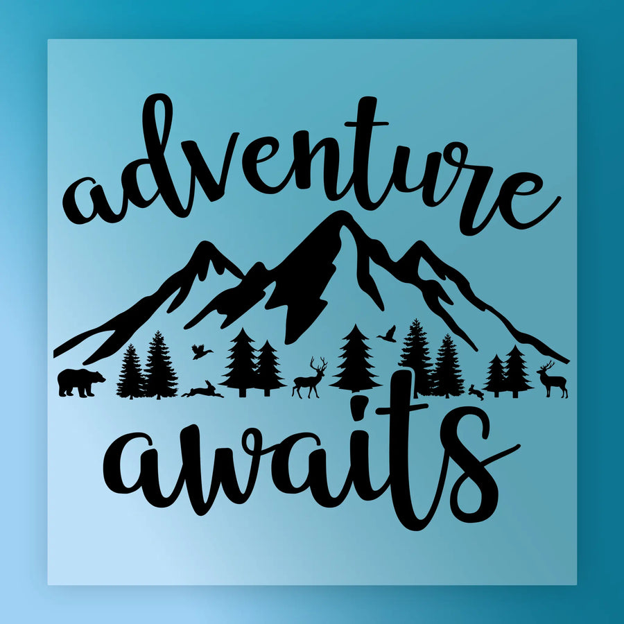 The InkMerge Adventure Awaits Nature Design is a premium DTF transfer featuring a silhouette of mountains, trees, and wildlife with cursive text—ideal for your next heat press project.