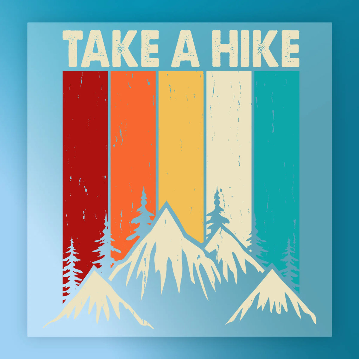a mountain range with pine trees and a vintage-style design.