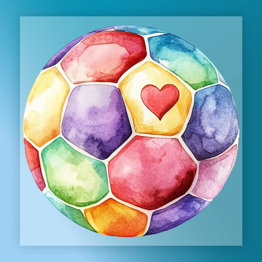 A watercolor painting of a colorful soccer ball with a red heart in the center.