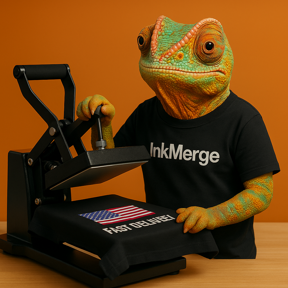 Lizard-like creature wearing an 'InkMerge' shirt operating a heat press machine.