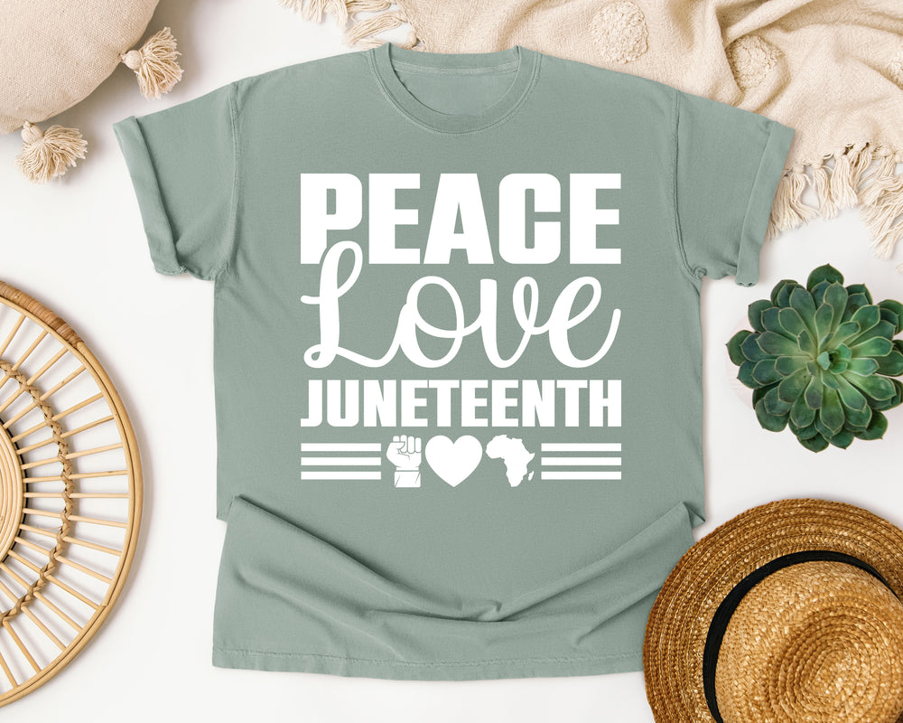 Peace Love Juneteenth White Ink graphic tee in Bay Comfort Colors 1717