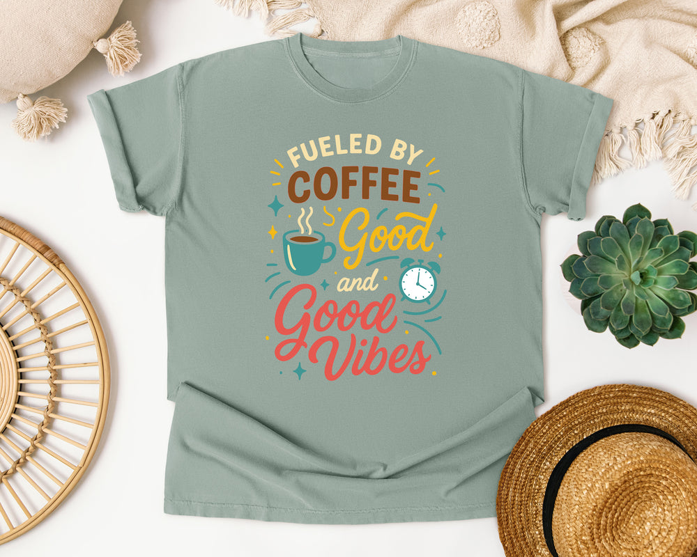 Fueled By Coffee And Good Vibes graphic tee in Bay Comfort Colors 1717