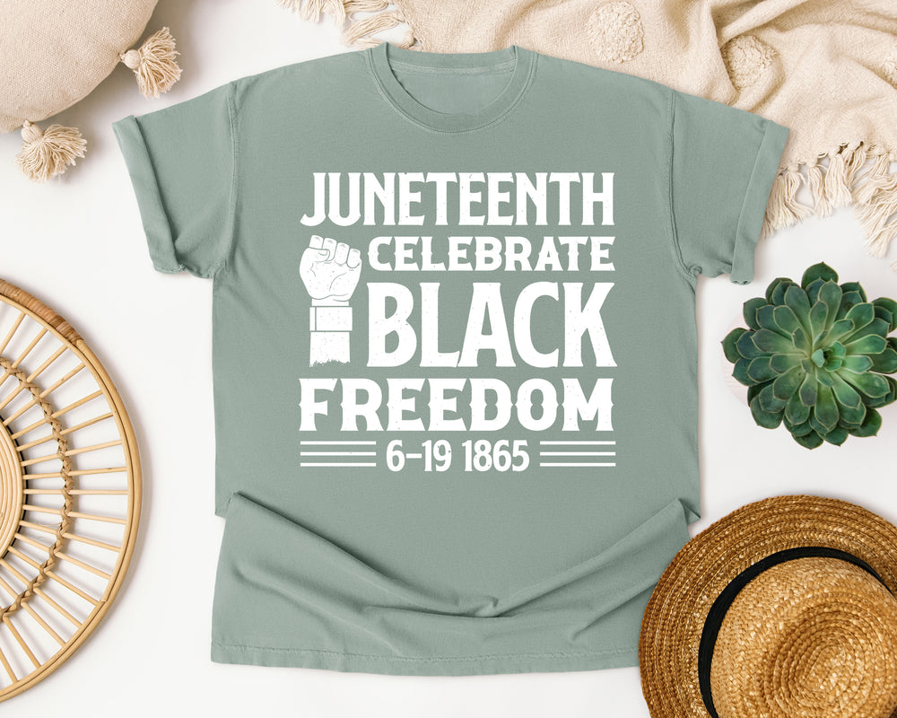 Juneteenth Black Freedom White Ink graphic tee in Bay Comfort Colors 1717