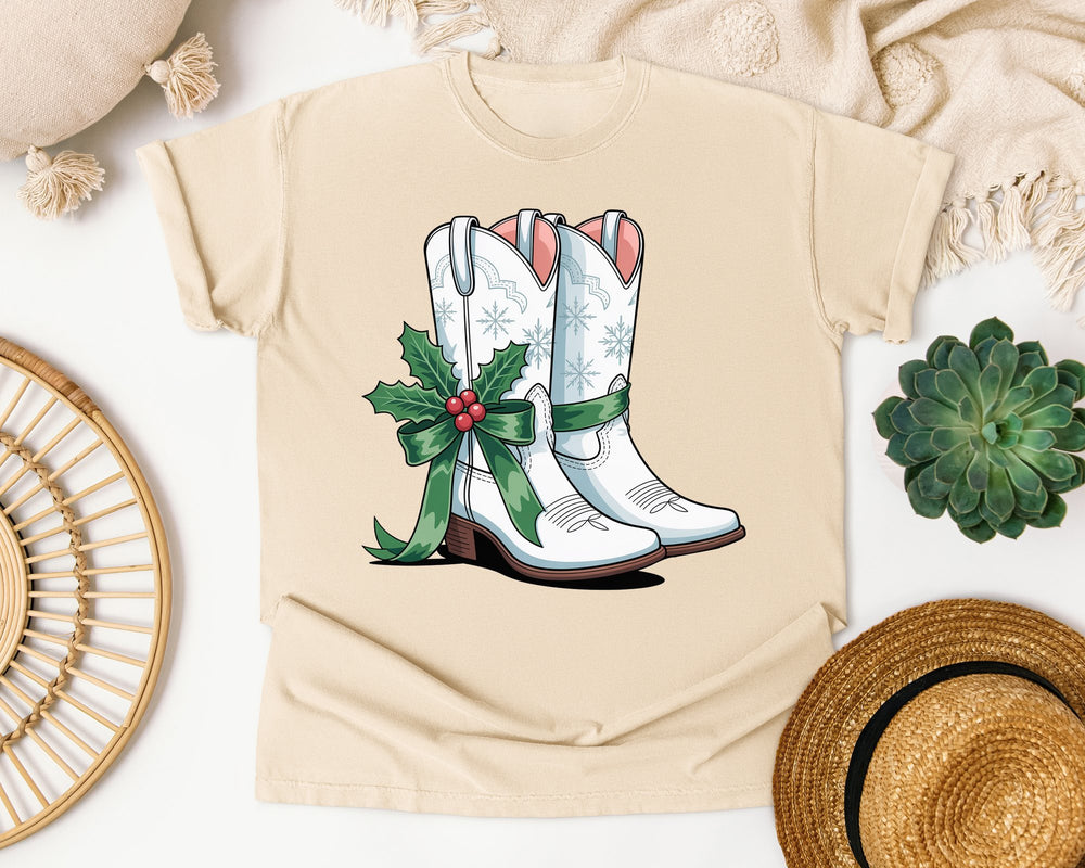 Western Christmas Boots graphic tee in Ivory Comfort Colors 1717