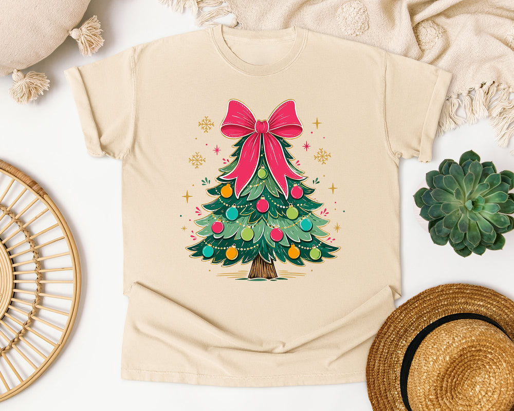Christmas Tree with Pink Bow graphic tee in Ivory Comfort Colors 1717