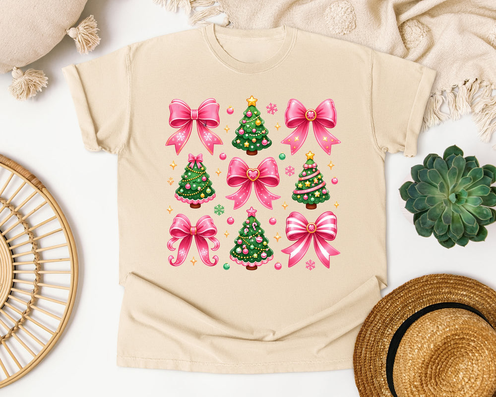 Pink Bows and Christmas Trees graphic tee in Ivory Comfort Colors 1717