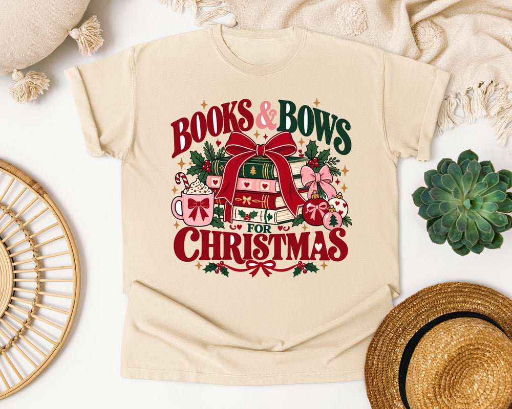 Books and Bows for Christmas graphic tee in Ivory Comfort Colors 1717