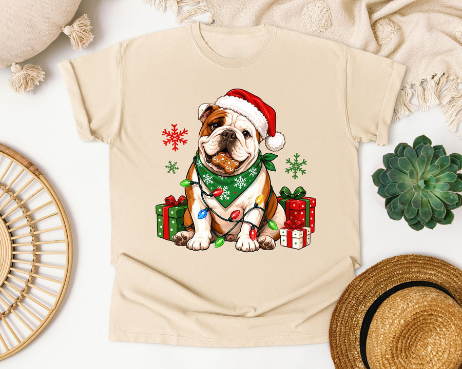 Christmas Bulldog with Lights graphic tee in Ivory Comfort Colors 1717