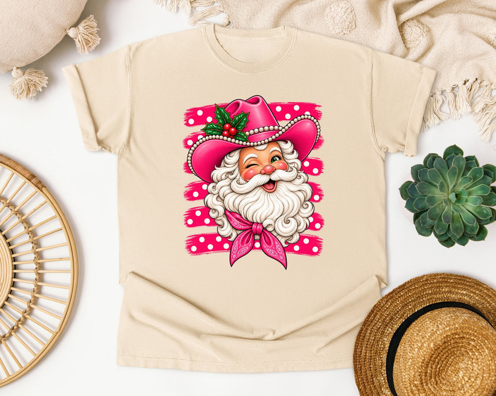 Pink Cowboy Santa graphic tee in Ivory Comfort Colors 1717