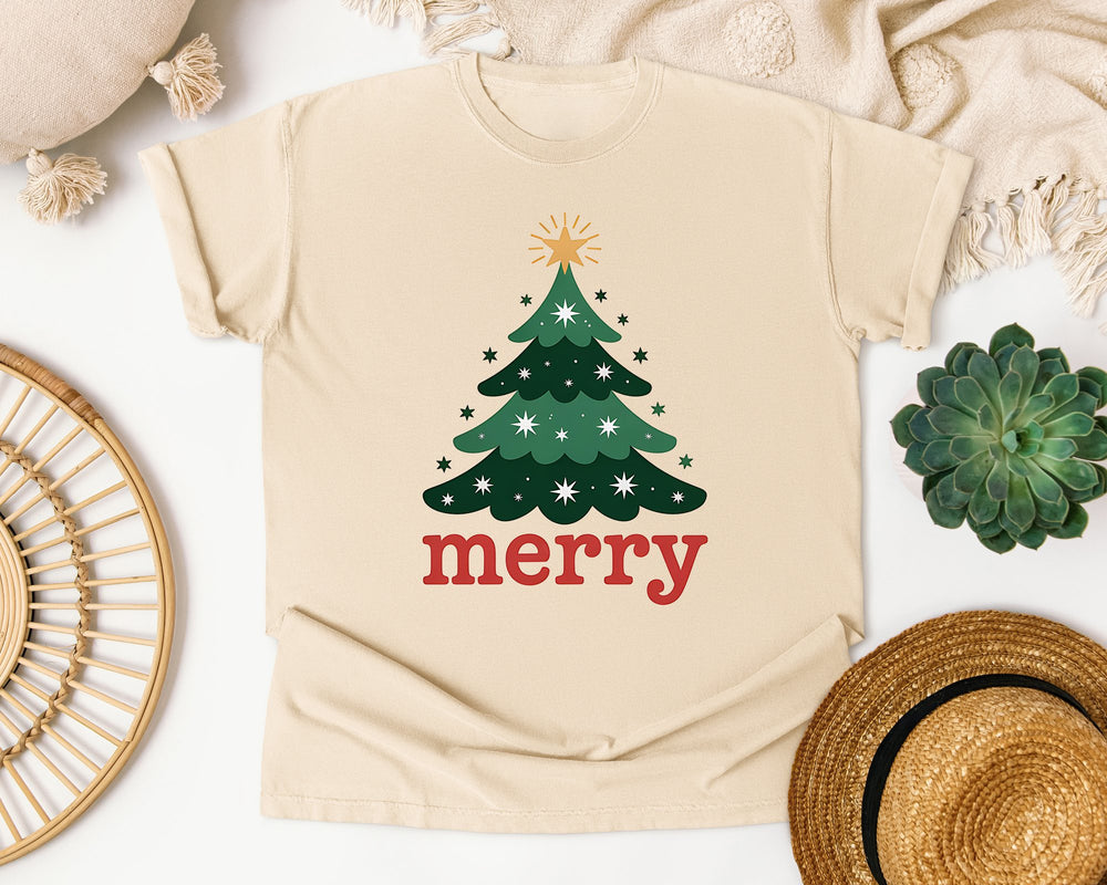 Merry Christmas Tree Minimal graphic tee in Ivory Comfort Colors 1717