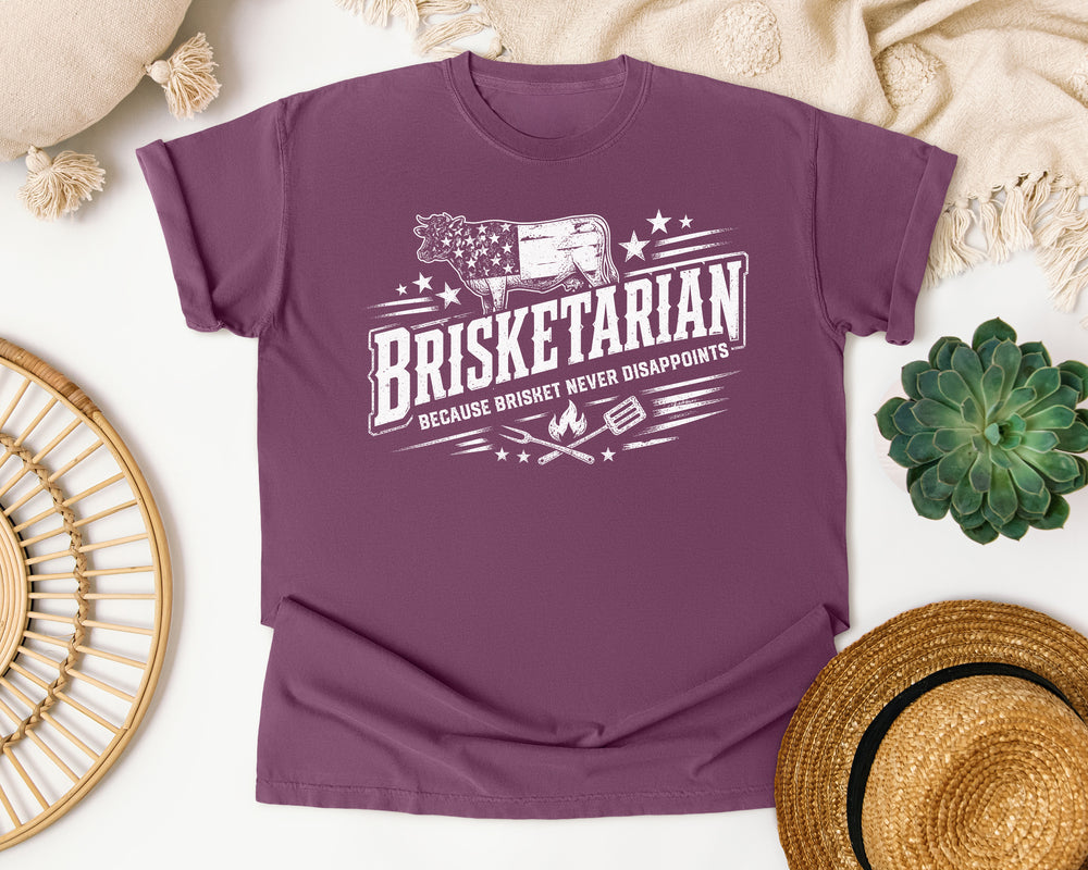 Brisketarian Patriotic Cow White Ink graphic tee in Berry Comfort Colors 1717