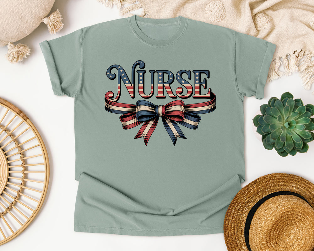 Patriotic Nurse Ribbon Bow graphic tee in Bay Comfort Colors 1717