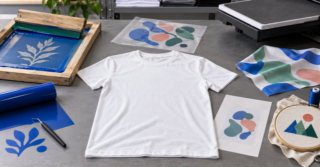 Blank white T-shirt surrounded by screen-printing, digital-transfer, vinyl, sublimation, and embroidery tools