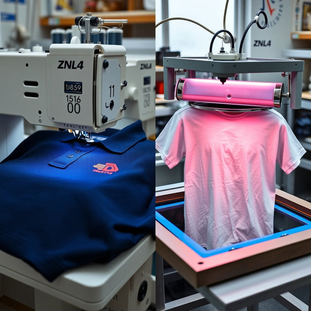 Embroidery machine stitching a blue polo beside a screen-printing setup with a pink T-shirt