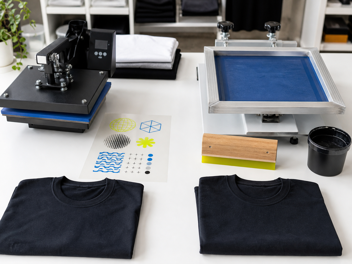 DTF heat press and screen printing tools arranged side by side