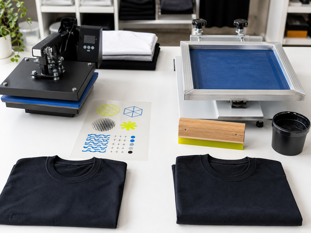 DTF heat press and screen printing tools arranged side by side