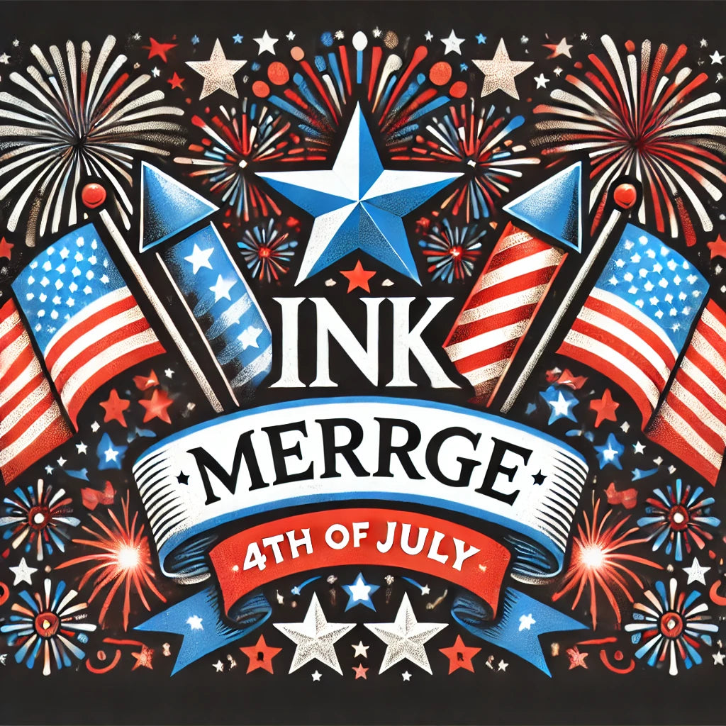 Festive 4th of July scene with fireworks, American flags, rockets, stars, and a banner reading INK MERRGE 4TH OF JULY in red, white, and blue colors on a dark background.