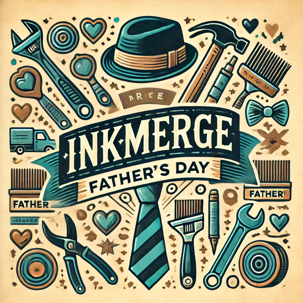 Retro-style Fathers Day graphic with tools, hearts, a striped tie, fedora, and INKMERGE Fathers Day text in the center. Surrounding icons include combs, wrenches, tape, and Father labels.