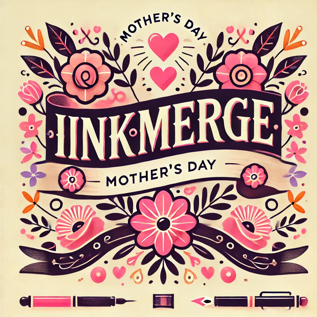 A floral-themed graphic with pink flowers, hearts, and pens, featuring the text Mothers Day INKMERGE Mother’s Day in bold letters.