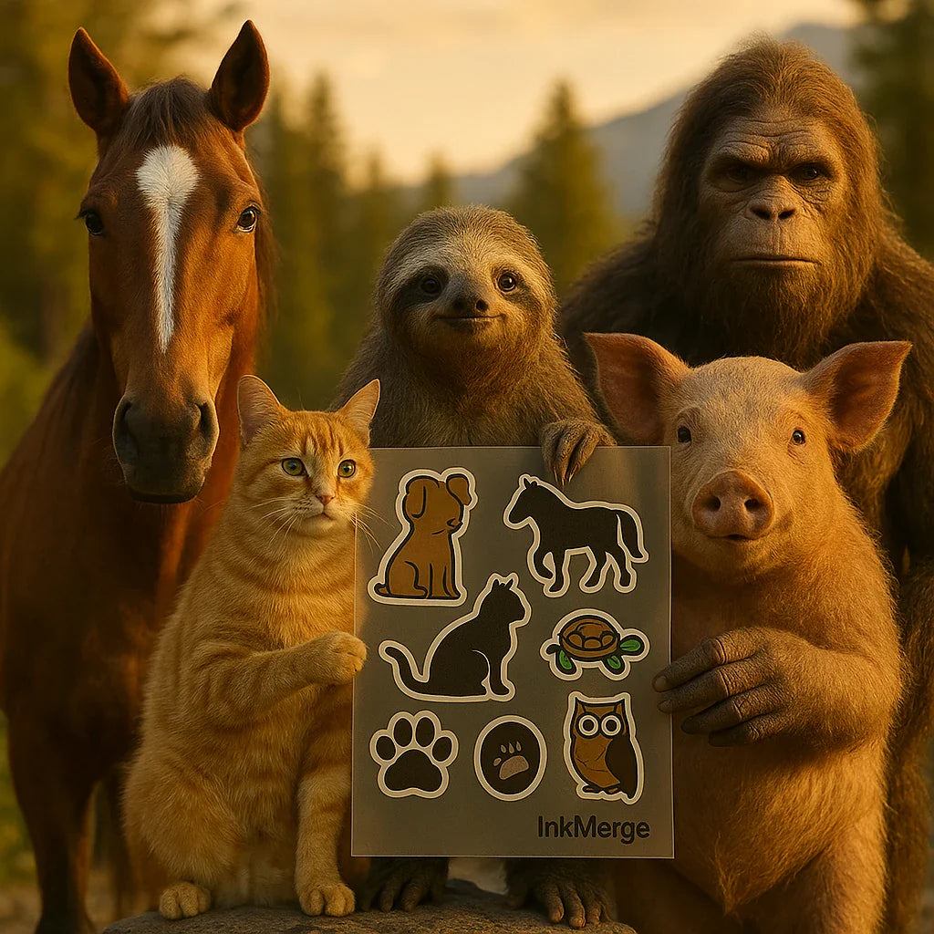 InkMerge DTF design hub—animals transfer sheet held together by horse, cat, sloth, pig, and Bigfoot in a golden-hour outdoor scene.
