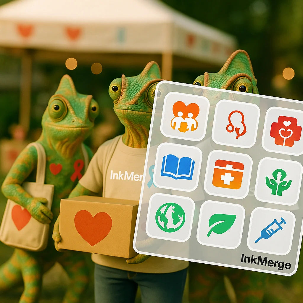 InkMerge DTF design hub—charities transfer sheet held by realistic chameleons.