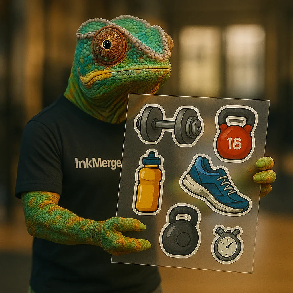 InkMerge DTF design hub—fitness transfer sheet with dumbbell, kettlebell, shoe, bottle, and stopwatch held by a chameleon.