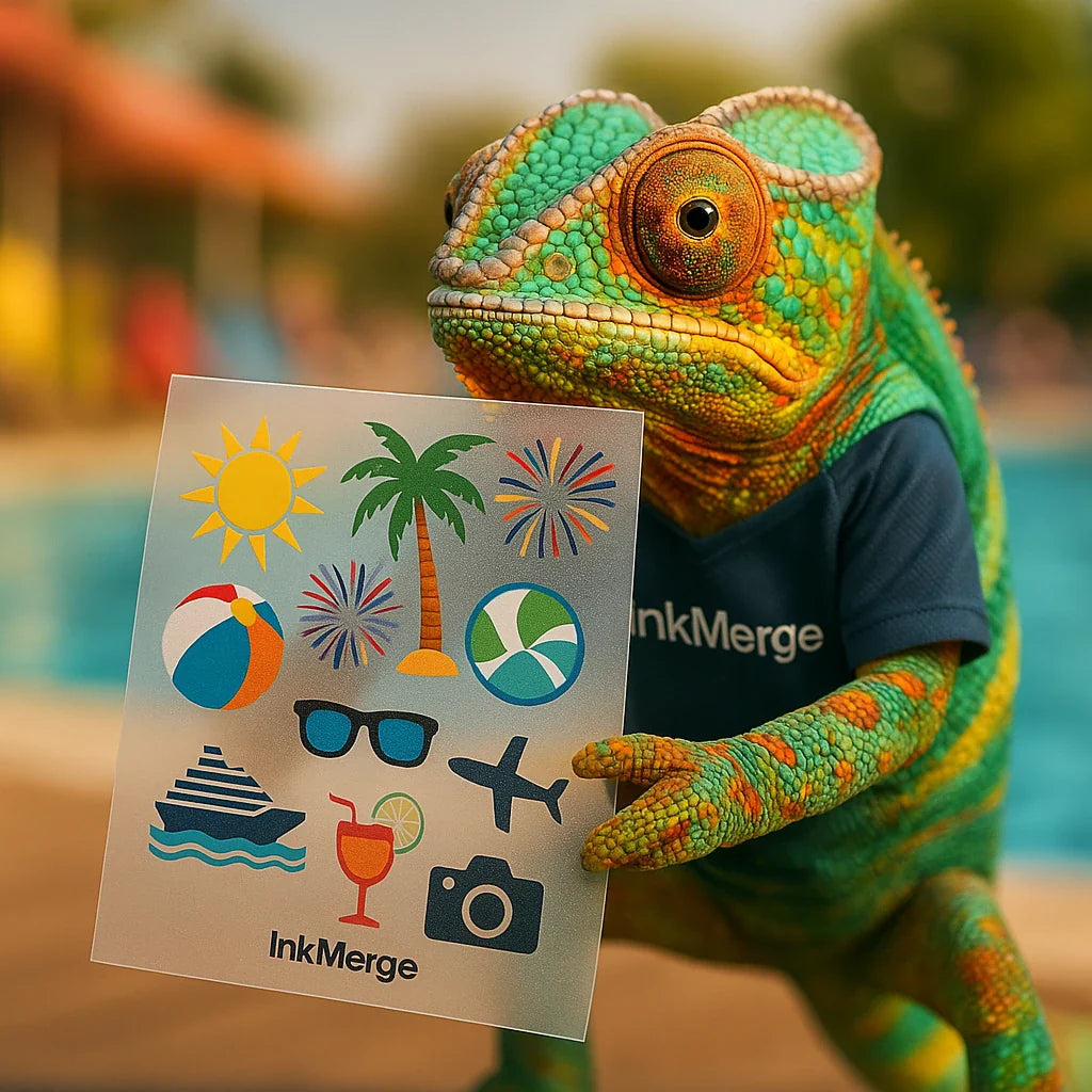 InkMerge DTF design hub—holidays transfer sheet held by a realistic chameleon.