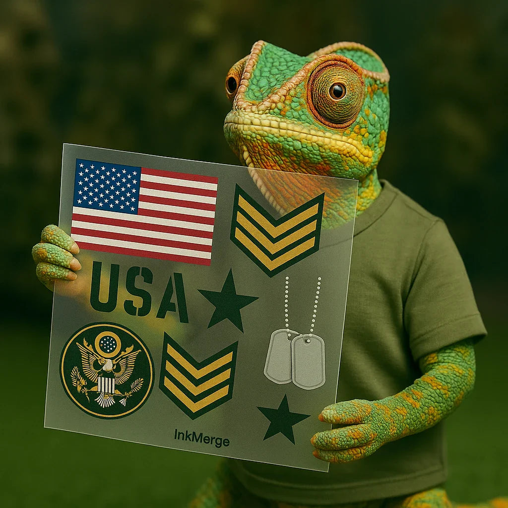 InkMerge DTF design hub—military transfer sheet held by a realistic chameleon.