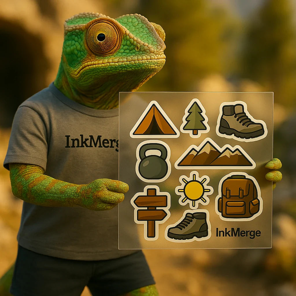 InkMerge DTF design hub—outdoors transfer sheet with tent, boots, mountains, backpack, and icons held by a realistic chameleon.