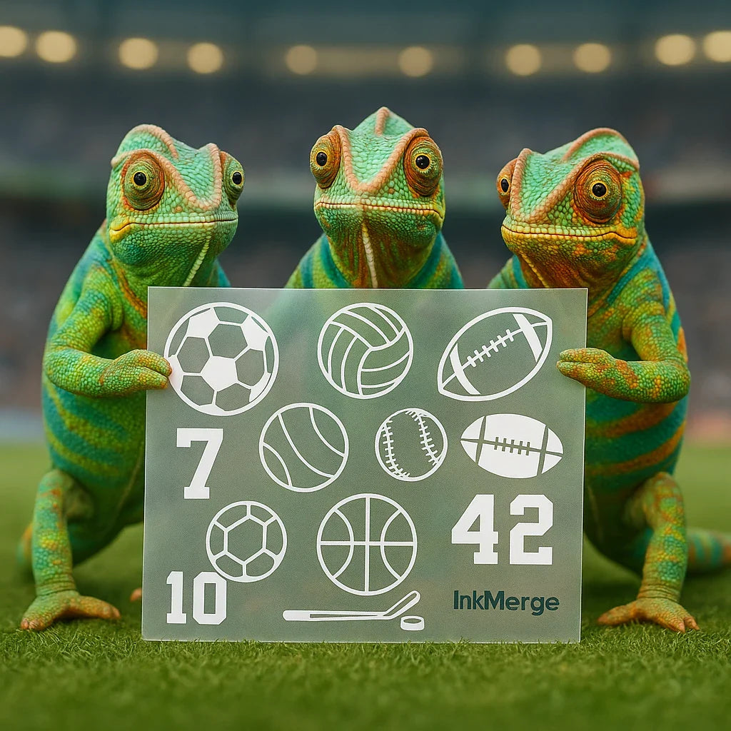 InkMerge DTF design hub—sports collection transfer sheet held by multiple realistic chameleons.