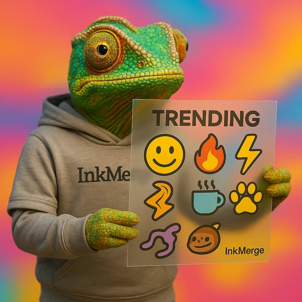 InkMerge DTF design hub—trending transfer sheet with viral icons held by the realistic chameleon mascot in a hoodie.