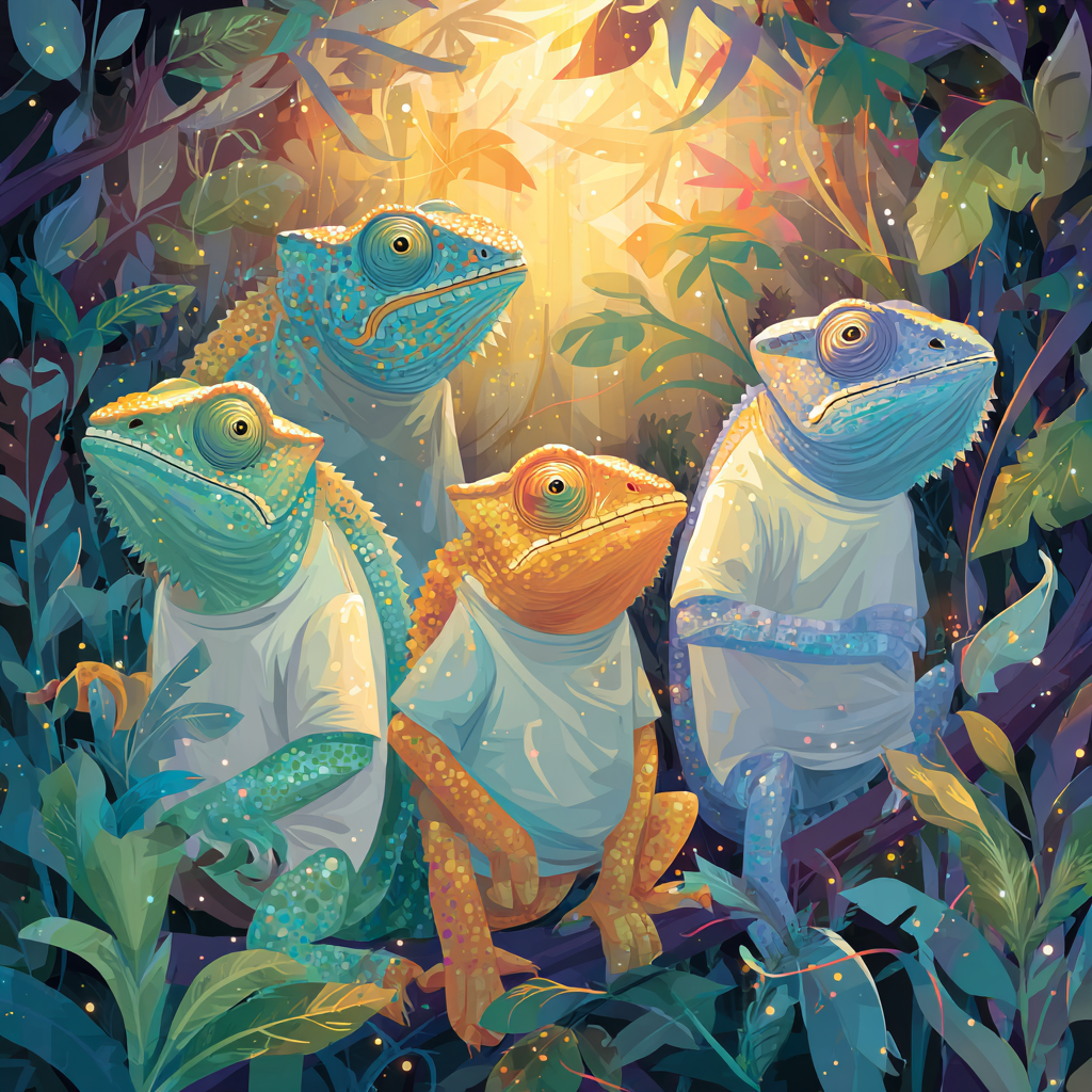 Four colorful chameleons wearing white t-shirts sit among lush, leafy plants with sunlight streaming through, creating a whimsical and vibrant jungle scene.