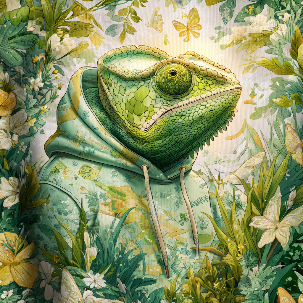 A chameleon wearing a green hoodie sits among lush foliage and white flowers, blending in with its surroundings. Butterflies flutter around in the vibrant, nature-inspired scene.