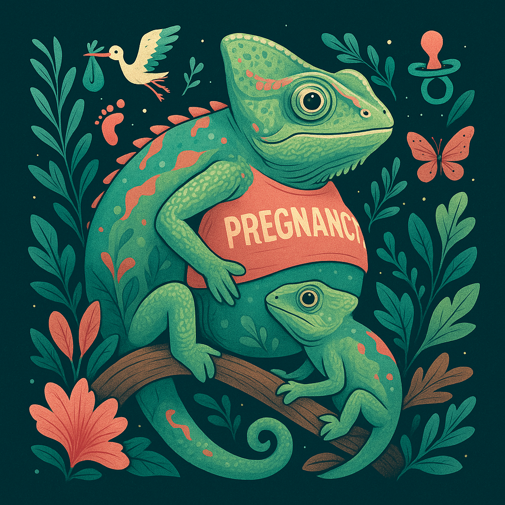 A stylized illustration of a pregnant chameleon with a smaller chameleon beside her, surrounded by colorful leaves, flowers, and the caption Pregnant at the bottom.