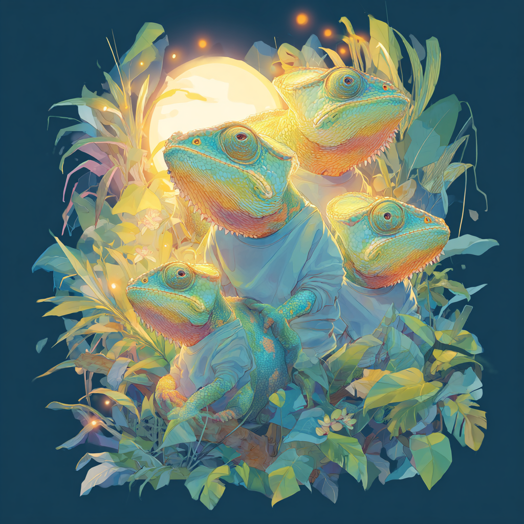 Four colorful chameleons wearing white robes gather among lush, vibrant plants under a glowing full moon, surrounded by soft, warm light and tropical foliage.