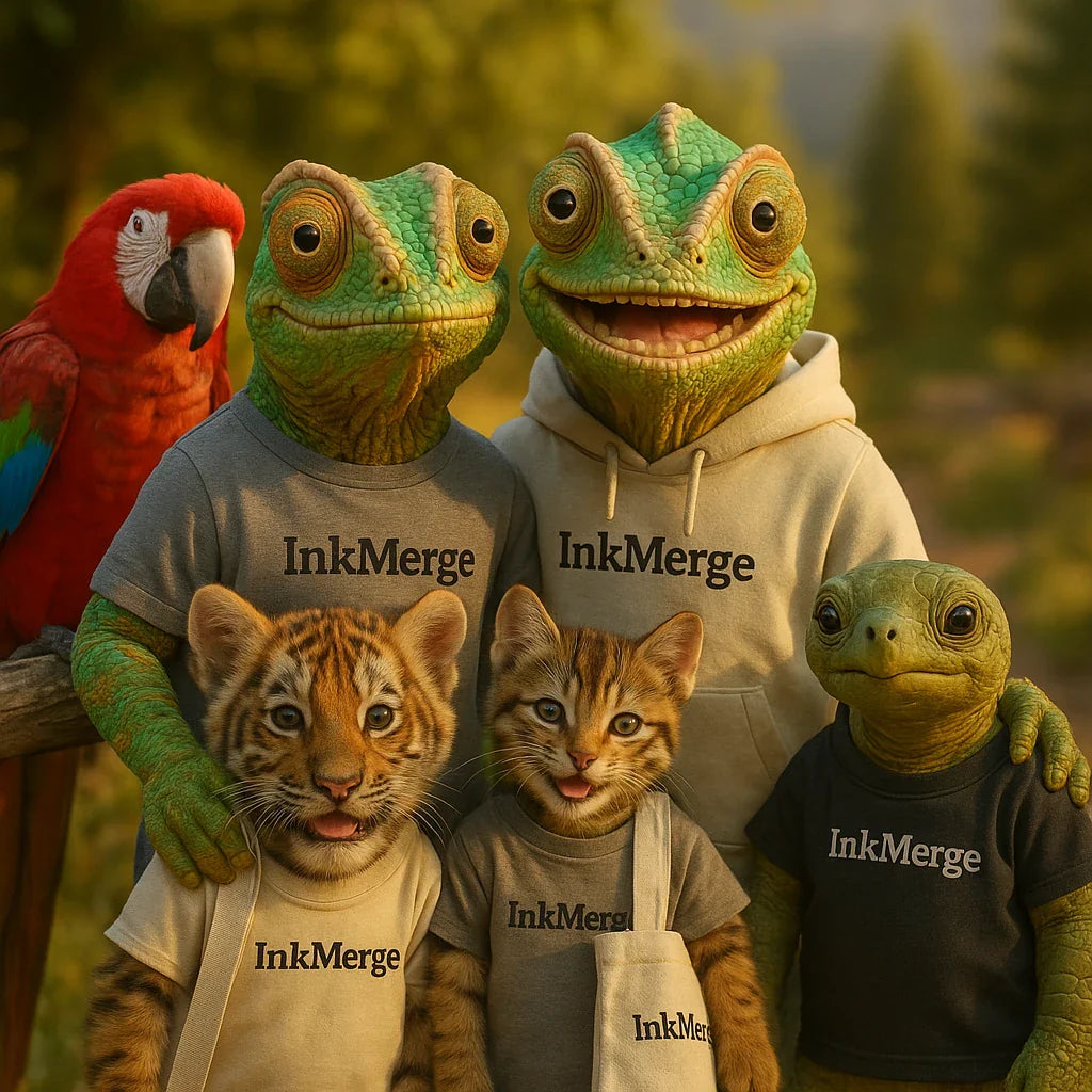 InkMerge POD—group of chameleon mascot, parrot, tiger cub, cat, and turtle wearing InkMerge apparel in a cheerful outdoor scene.