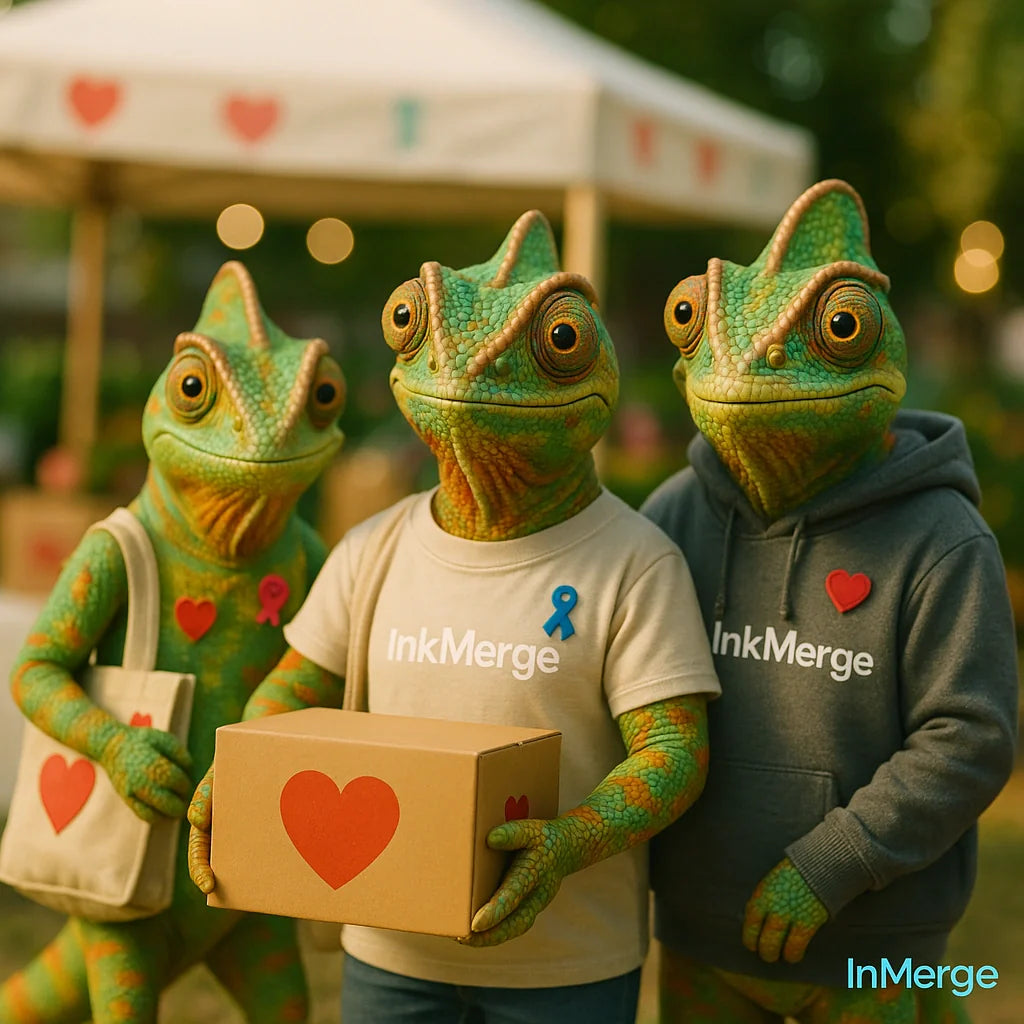 InkMerge POD—charities thumbnail with multiple realistic chameleons at a donation drive.