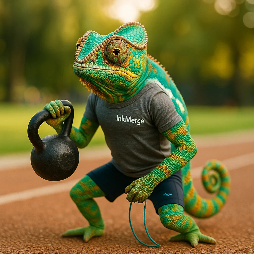 InkMerge POD—fitness thumbnail with a realistic chameleon training in athletic wear.