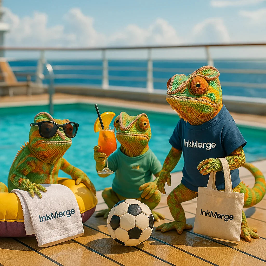 InkMerge POD—holidays thumbnail with multiple realistic chameleons relaxing by a pool.