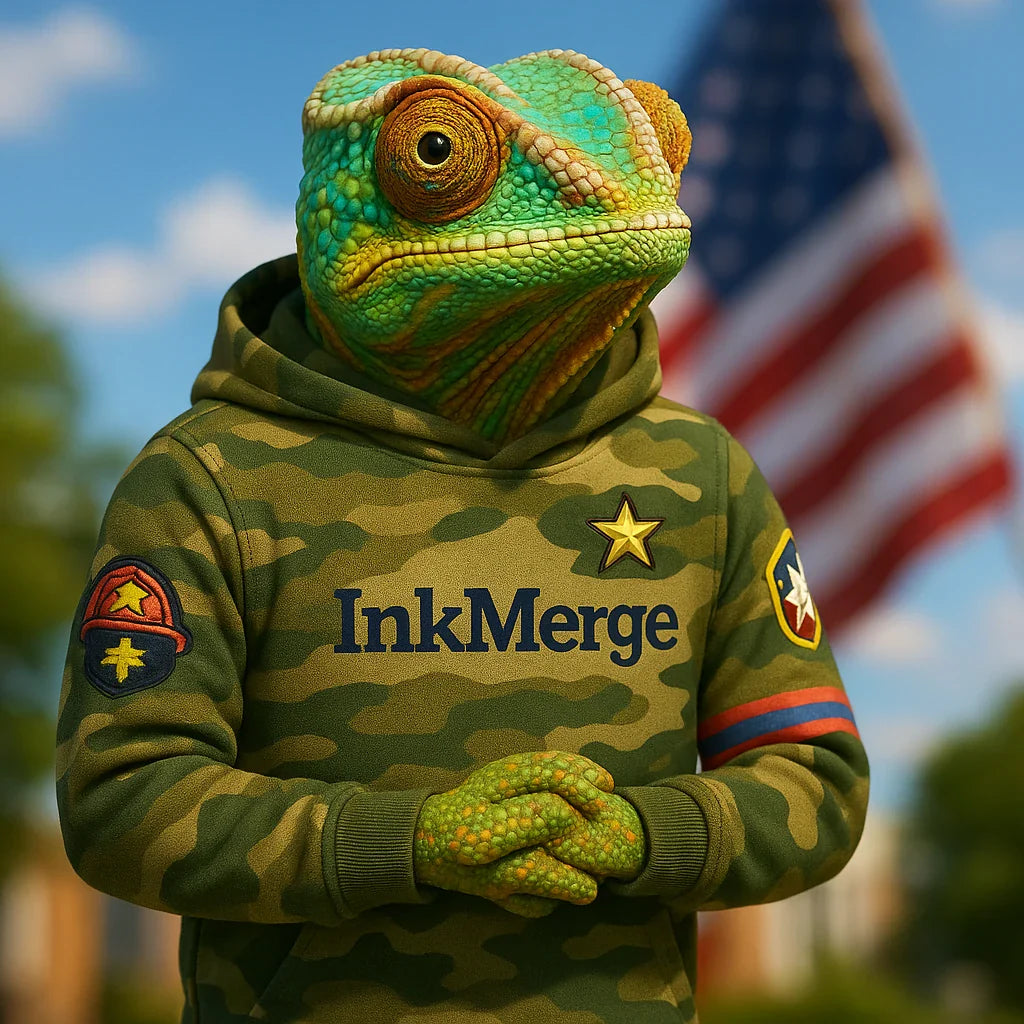 InkMerge POD—military and first responders collection featuring the chameleon mascot in a vivid camouflage InkMerge hoodie with patriotic accents.