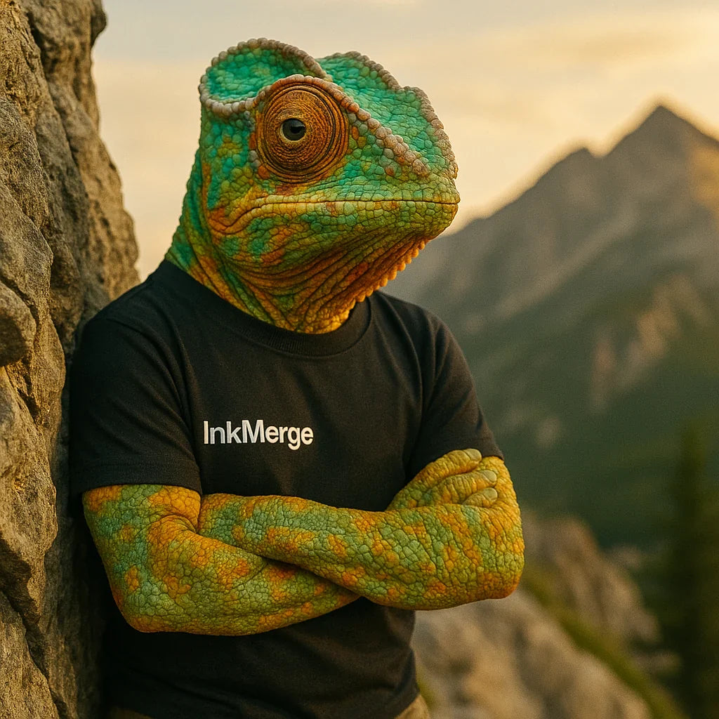 InkMerge POD—outdoor climbing theme with a realistic chameleon in a T-shirt on a rocky mountain trail.