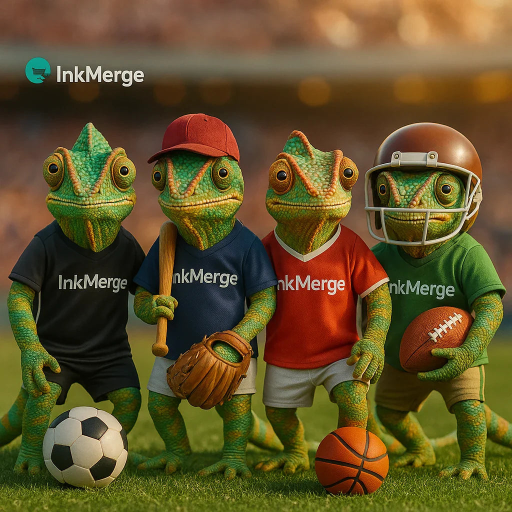 InkMerge POD—sports collection thumbnail with multiple realistic chameleons in team jerseys.