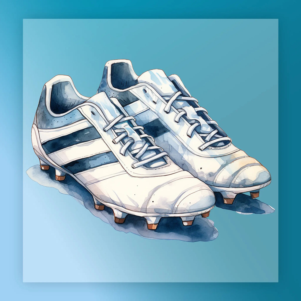 A pair of white and blue soccer cleats with orange soles, set against a blue background.