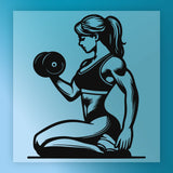 A black and white illustration of a woman lifting a dumbbell.