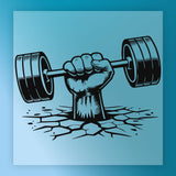 A hand gripping a barbell, lifting it above a cracked surface, symbolizing strength and determination.